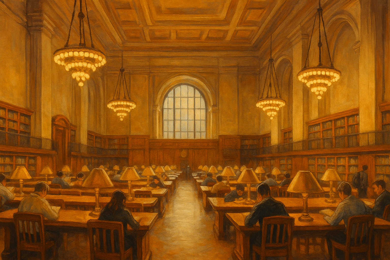 Illustrated interior of a grand public library reading room with tall arched ceilings, warm lighting, large chandeliers, and rows of wooden tables where people are quietly reading under classic green-shaded lamps. A large arched window at the back lets in soft daylight, and bookshelves line the walls.