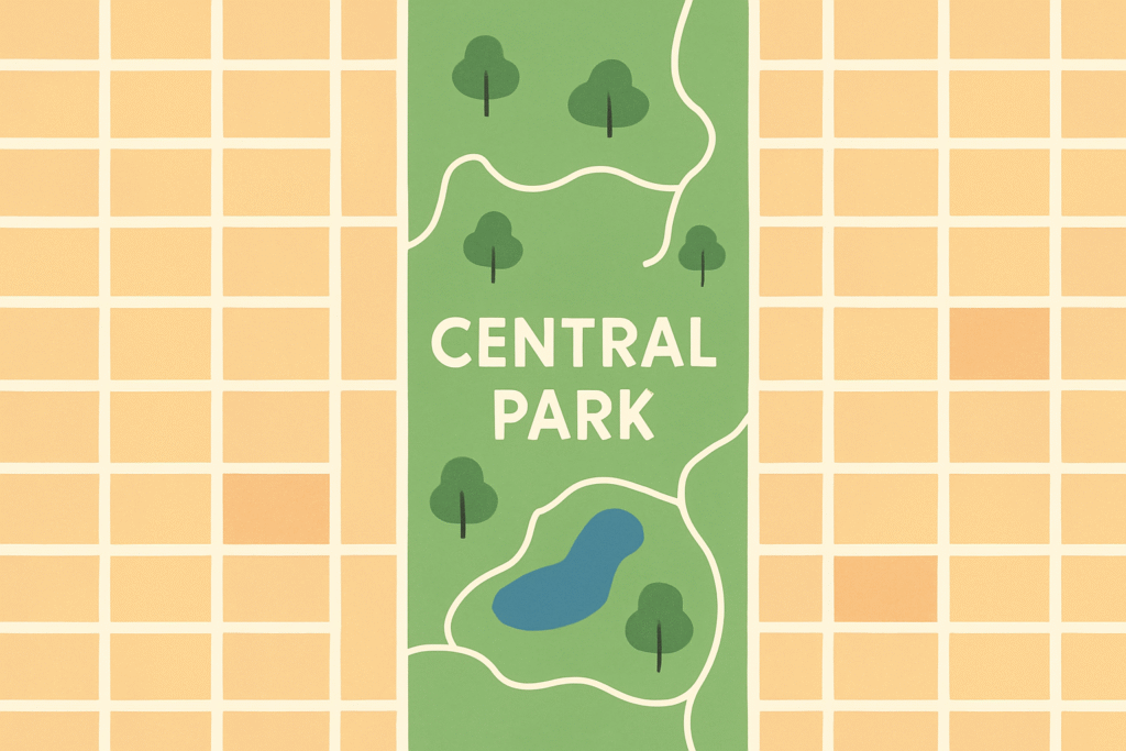 A flat-style illustrated map of Central Park centered vertically between beige city blocks. The park is shown as a large green rectangle with white curving paths, several simple tree icons, and one blue pond. The words “CENTRAL PARK” appear in bold white capital letters near the center. The surrounding city grid is uniform, with no subway lines or landmarks, giving the image a clean and modern design.