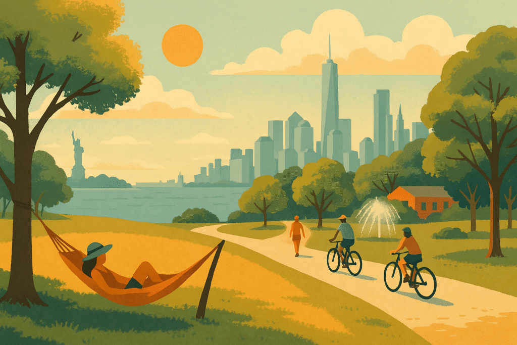 Illustrated scene of Governors Island on a summer day, featuring a woman relaxing in a hammock under a tree, two people biking along a path, a person walking, and mist spraying from a fountain. The Statue of Liberty and Manhattan skyline are visible in the distance under a warm sun and scattered clouds.