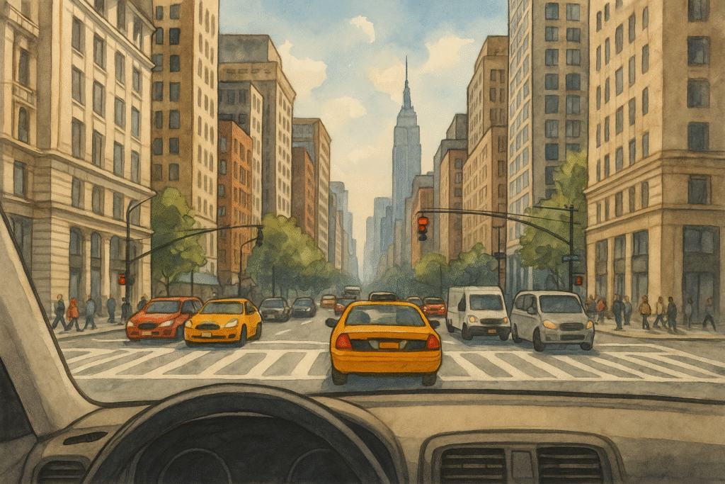 illustration of a Manhattan street viewed from inside a car. Yellow taxis and other vehicles wait at a red light, flanked by tall buildings, with the Empire State Building visible in the distance under a partly cloudy sky