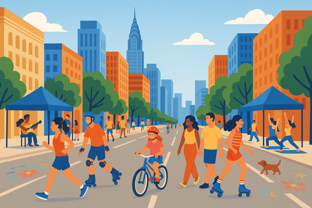Illustrated wide-format scene of a car-free New York City street with people of all ages walking, biking, rollerblading, and practicing yoga among trees and tall buildings, under a clear blue sky.