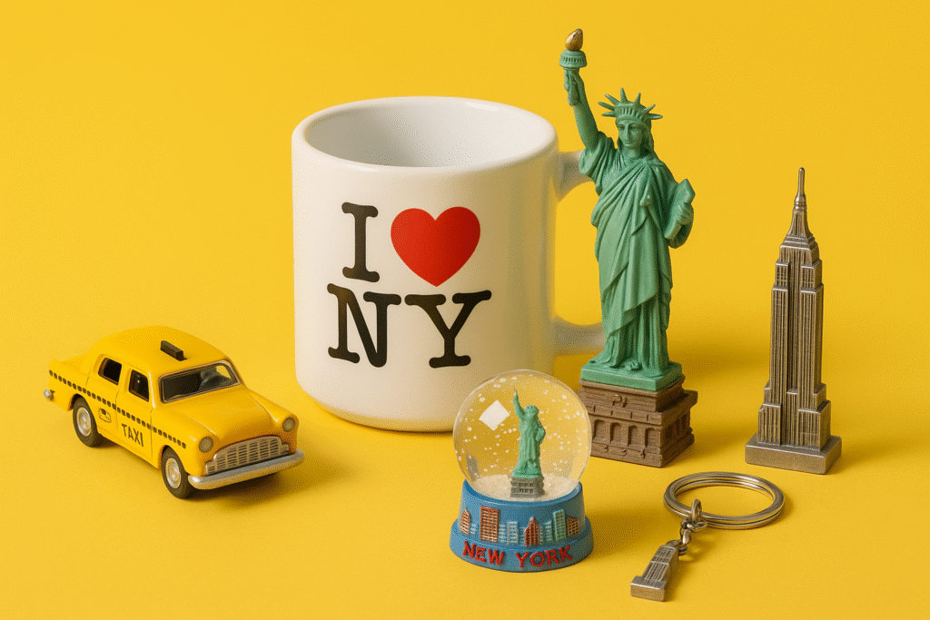 A collection of New York City-themed souvenirs arranged on a yellow background, including a toy yellow taxi cab, a realistic white "I ♥ NY" ceramic mug, a green Statue of Liberty figurine, a miniature Empire State Building, a snow globe featuring NYC landmarks, and an Empire State Building keychain.