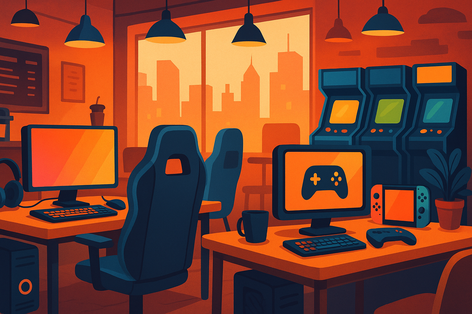 Illustrated interior of a cozy gaming café at sunset, featuring glowing PC setups, arcade machines, gaming chairs, and a Nintendo Switch on a desk, with large windows revealing a vibrant city skyline in warm orange and red tones.