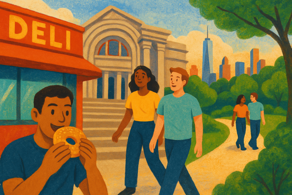 Illustrated scene showing a man eating a bagel outside a deli, two people walking past a museum with grand steps, and a couple strolling through a tree-lined park path with the New York City skyline in the background.