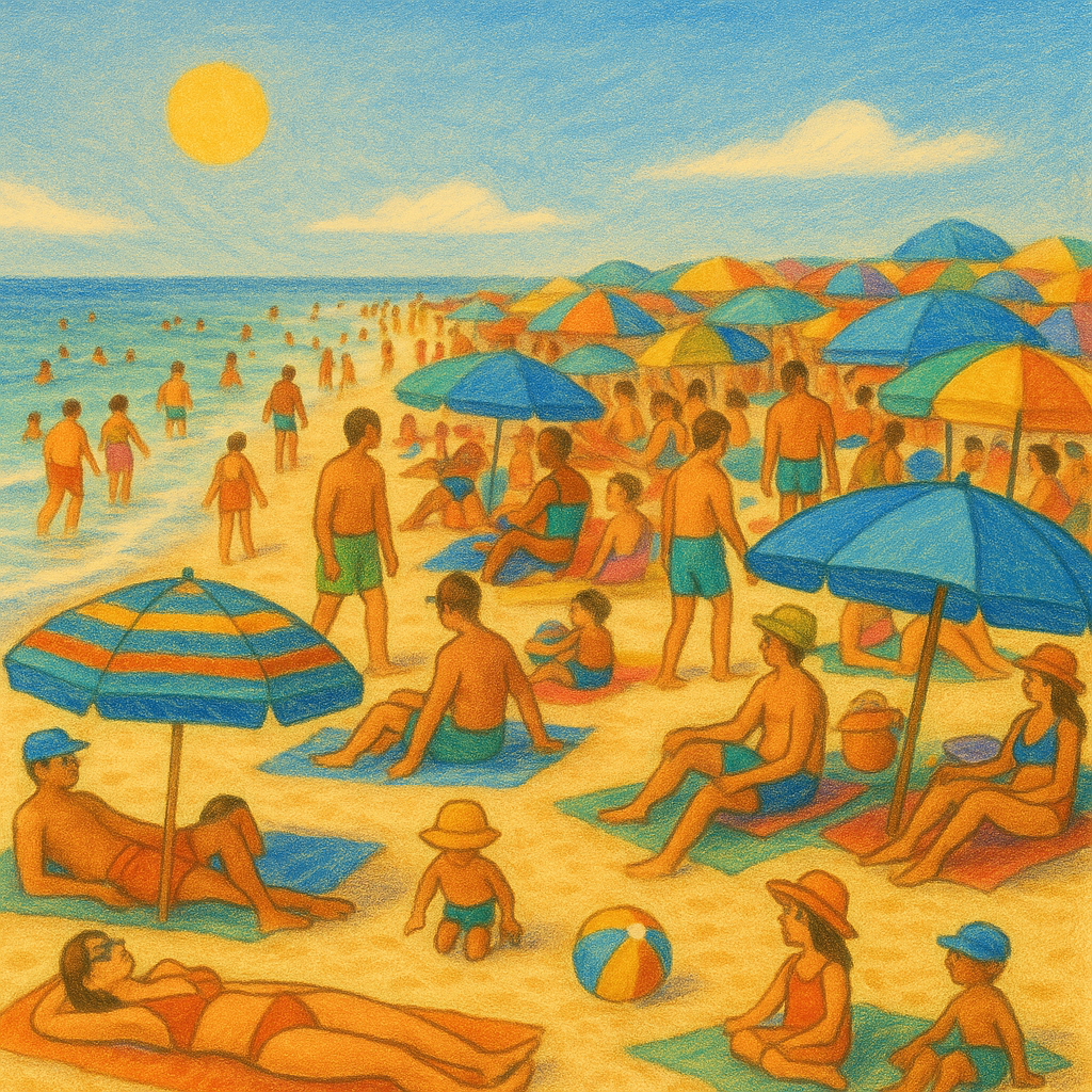 Illustrated scene of a crowded beach on a hot, sunny day, with people of all ages sitting under colorful umbrellas, sunbathing, walking along the shoreline, and swimming in the ocean.