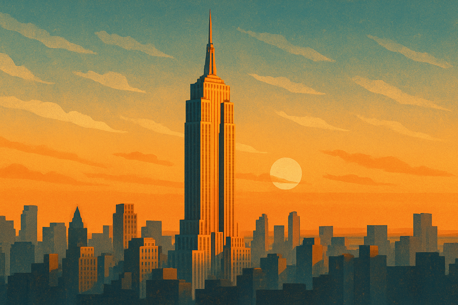 Illustrated sunset skyline of New York City featuring the Empire State Building in the center, surrounded by simplified city buildings and a glowing sun low in the sky, all rendered in warm orange and blue tones.