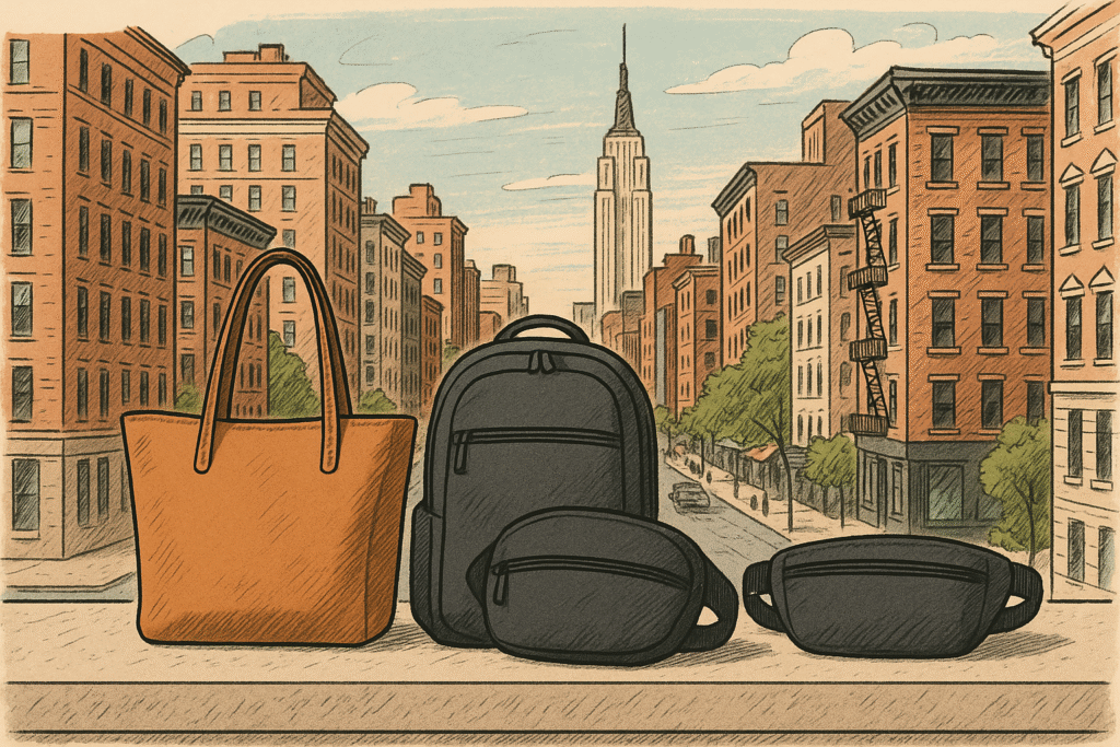 Illustrated image of four bags arranged on a stone ledge overlooking a New York City street with the Empire State Building in the background. From left to right: a tan leather tote, a black backpack, a black sling bag, and a black waist pack. The scene features brownstone buildings, fire escapes, and a lightly clouded sky, rendered in a hand-drawn, textured style.