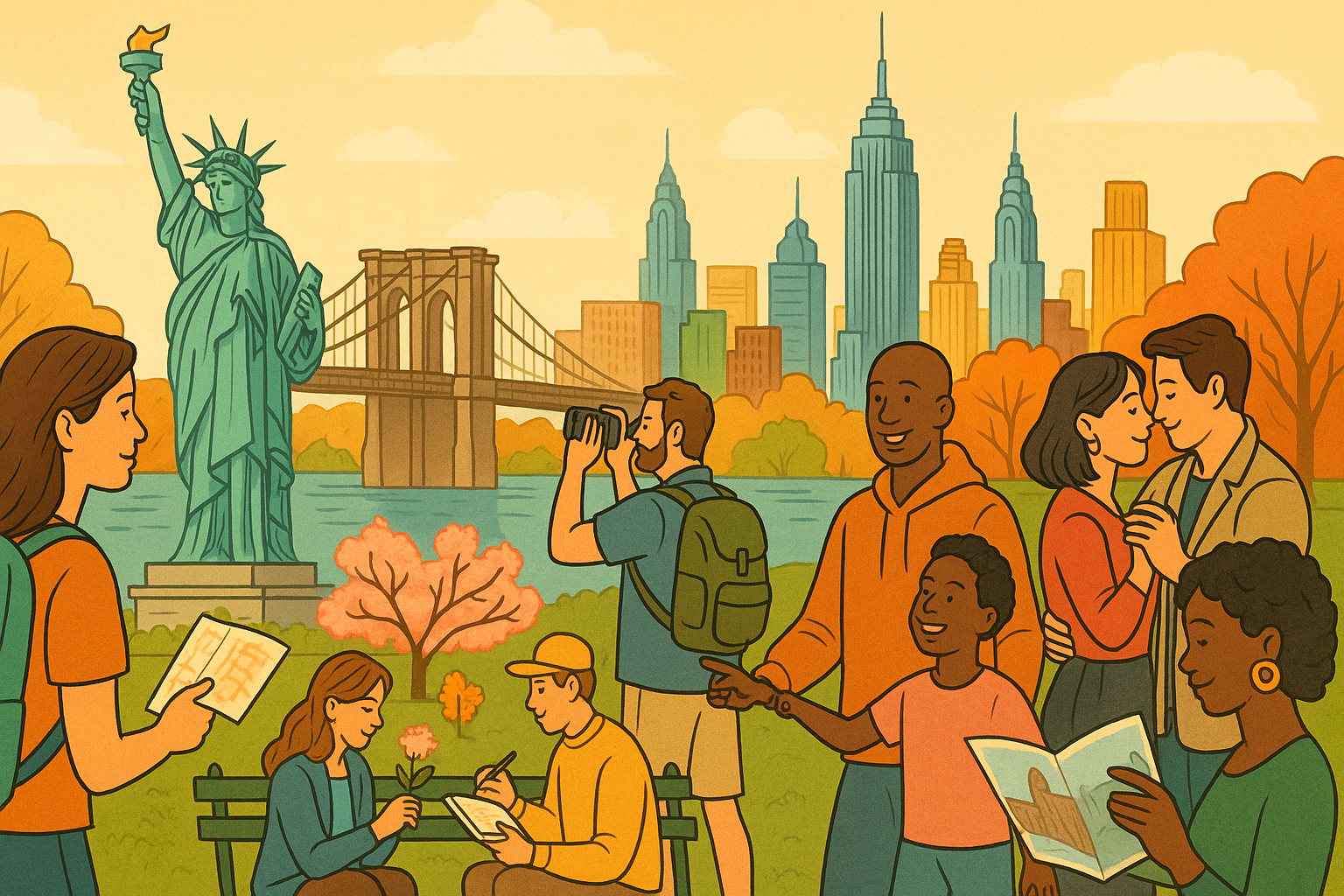A colorful illustrated scene of New York City in autumn, showing a variety of visitors engaging in different activities near the Statue of Liberty and Brooklyn Bridge, including sightseeing, sketching, reading, exploring with a map, and spending time with family, all set against a backdrop of orange foliage and a clear skyline.