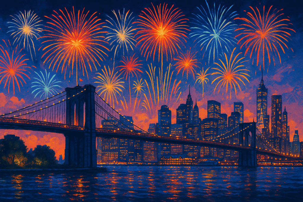 Illustrated view of fireworks lighting up the night sky above the Brooklyn Bridge and Manhattan skyline, with colorful reflections shimmering on the East River.
