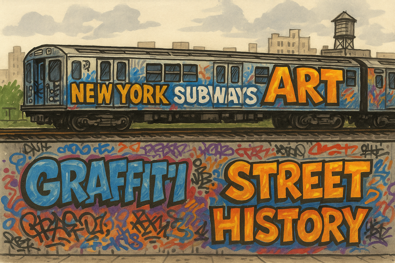 Illustrated wide-format image of a New York City subway train painted with colorful graffiti reading “NEW YORK,” “SUBWAYS,” and “ART.” Below the train, a concrete wall features large graffiti tags including “GRAFFITI,” “STREET,” and “HISTORY,” surrounded by layered spray-painted tags. The city skyline and a water tower appear in the background, capturing an urban street art scene in a hand-drawn, ink-and-marker style.