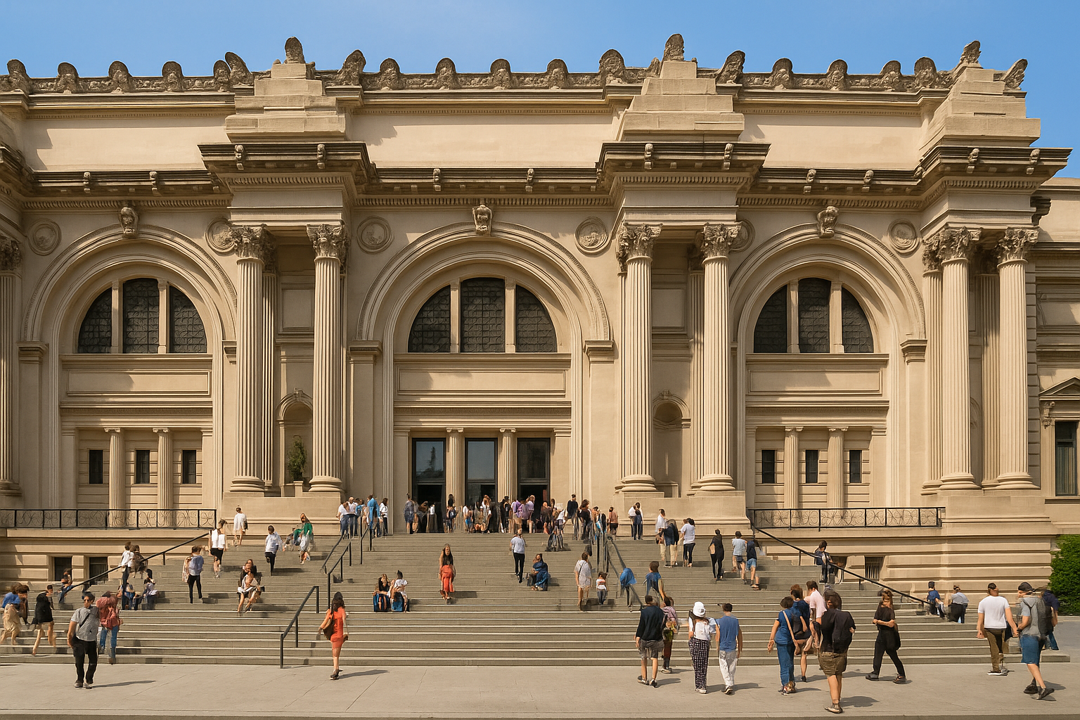 View of the Metropolitan Museum of Art’s Fifth Avenue entrance, showing its stone staircase, neoclassical columns, and museum visitors arriving at the main doors.
