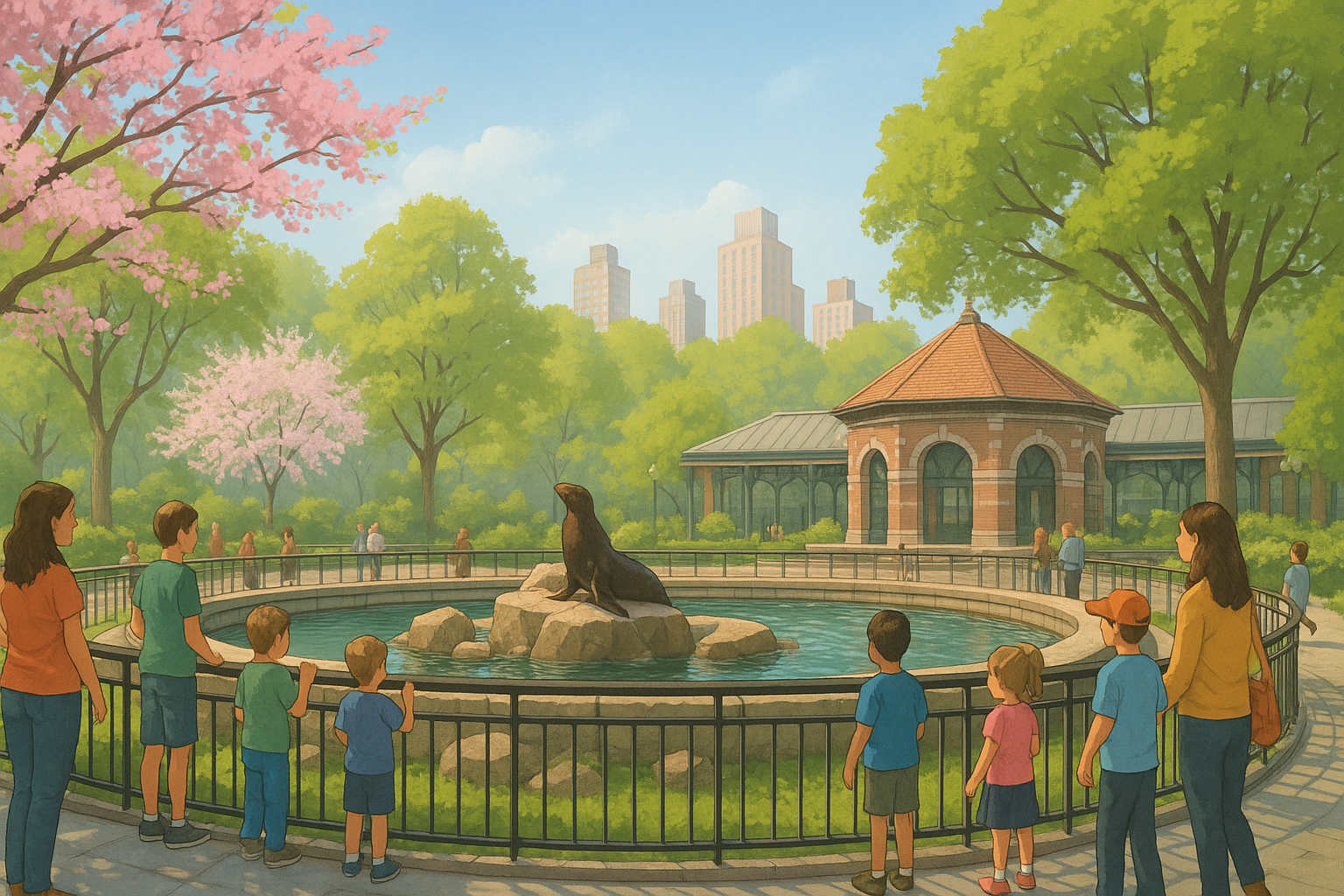 Illustration of the Central Park Zoo on a clear spring day, showing a sea lion pool, visitors standing nearby, and leafy trees in the background.