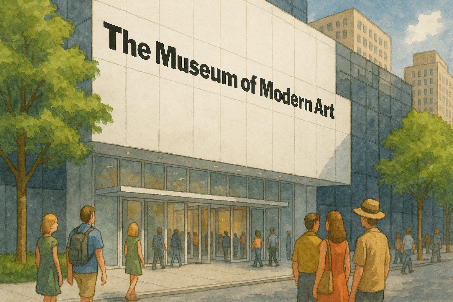 Street view of Fifth Avenue along Museum Mile, with trees from Central Park on one side and a historic museum facade on the other. Pedestrians walk along the wide sidewalk under daylight.