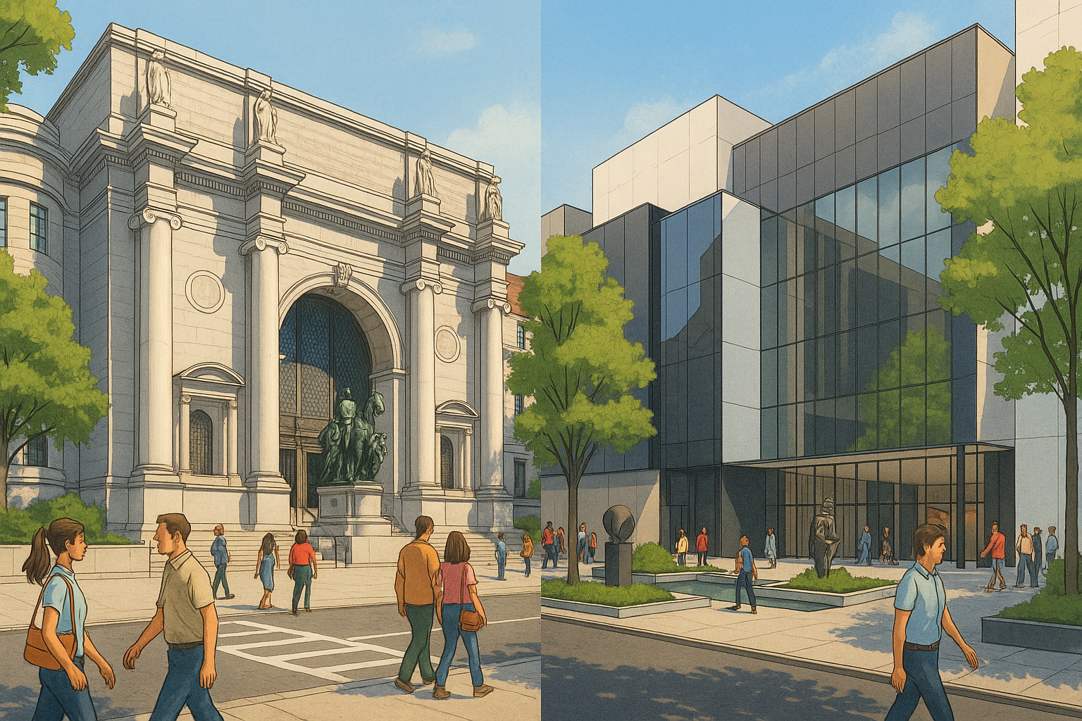 Illustrated view of the American Museum of Natural History and the Museum of Modern Art, with detailed architecture, daylight, and people walking between each site.