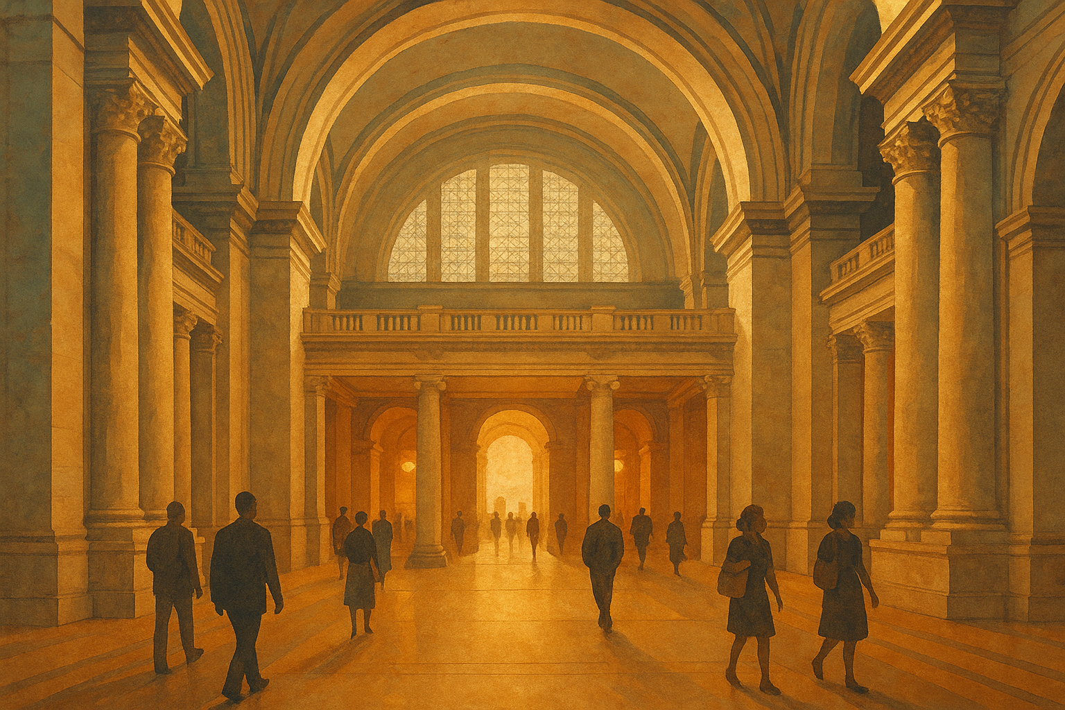 Illustration of the Metropolitan Museum of Art’s grand entrance hall with people walking beneath high ceilings, surrounded by stone columns and soft natural light