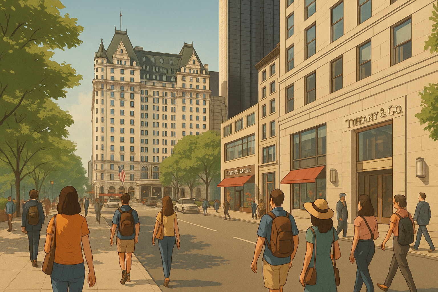 Illustration of Fifth Avenue at Grand Army Plaza, showing The Plaza Hotel, pedestrians on the sidewalk, storefronts like Tiffany & Co., and the southeast corner of Central Park.