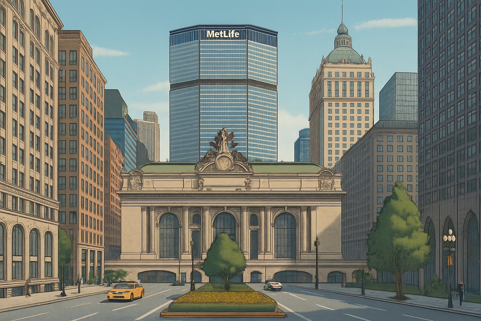 Illustration of Park Avenue in Midtown Manhattan, looking south toward the MetLife Building. The scene includes wide traffic lanes, flanking high-rises, and a clear view of the tower centered above the avenue under daylight conditions.