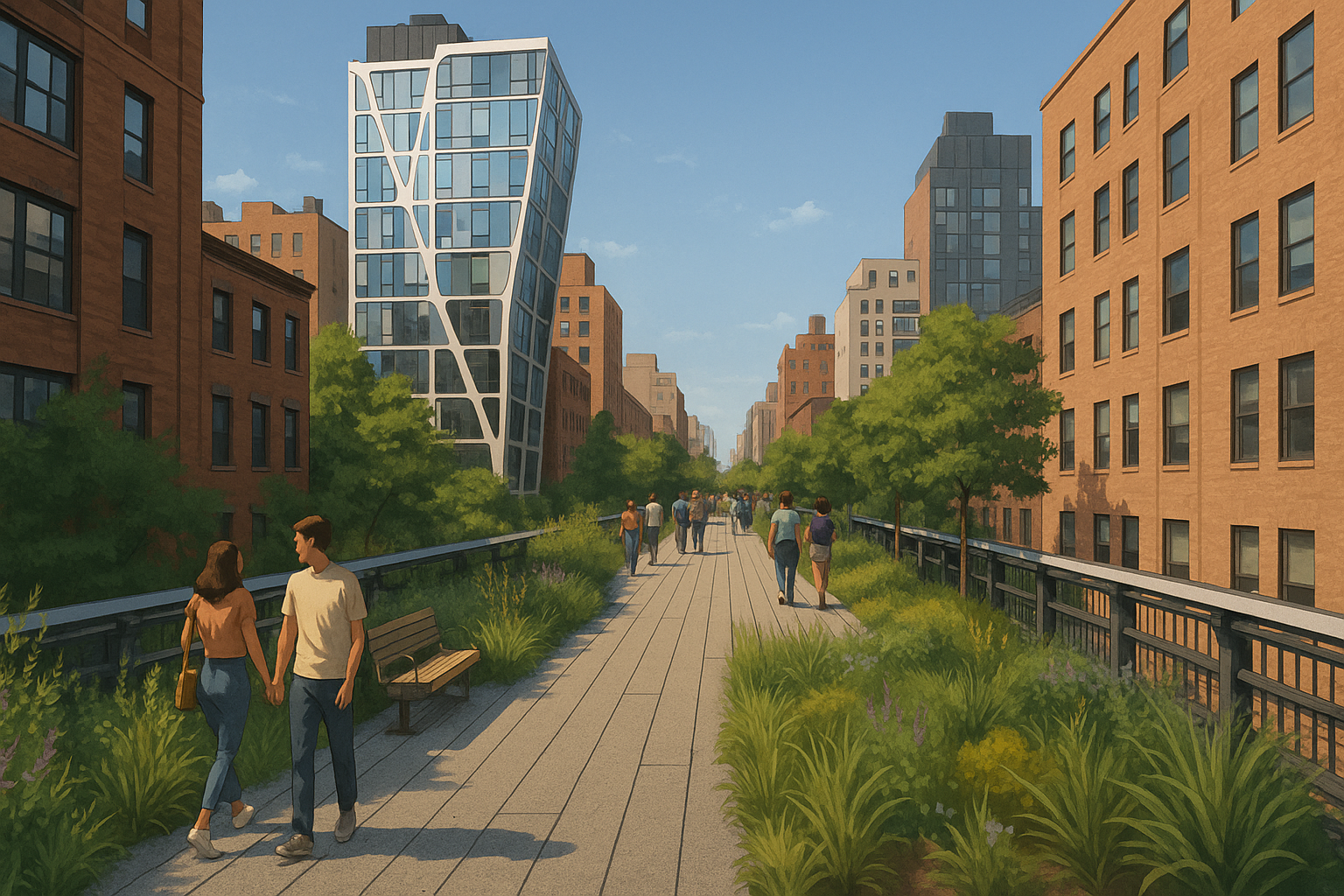 Illustration of the High Line in New York City, showing visitors walking along an elevated path surrounded by greenery, with modern glass buildings and brick apartments lining both sides under a clear blue sky.