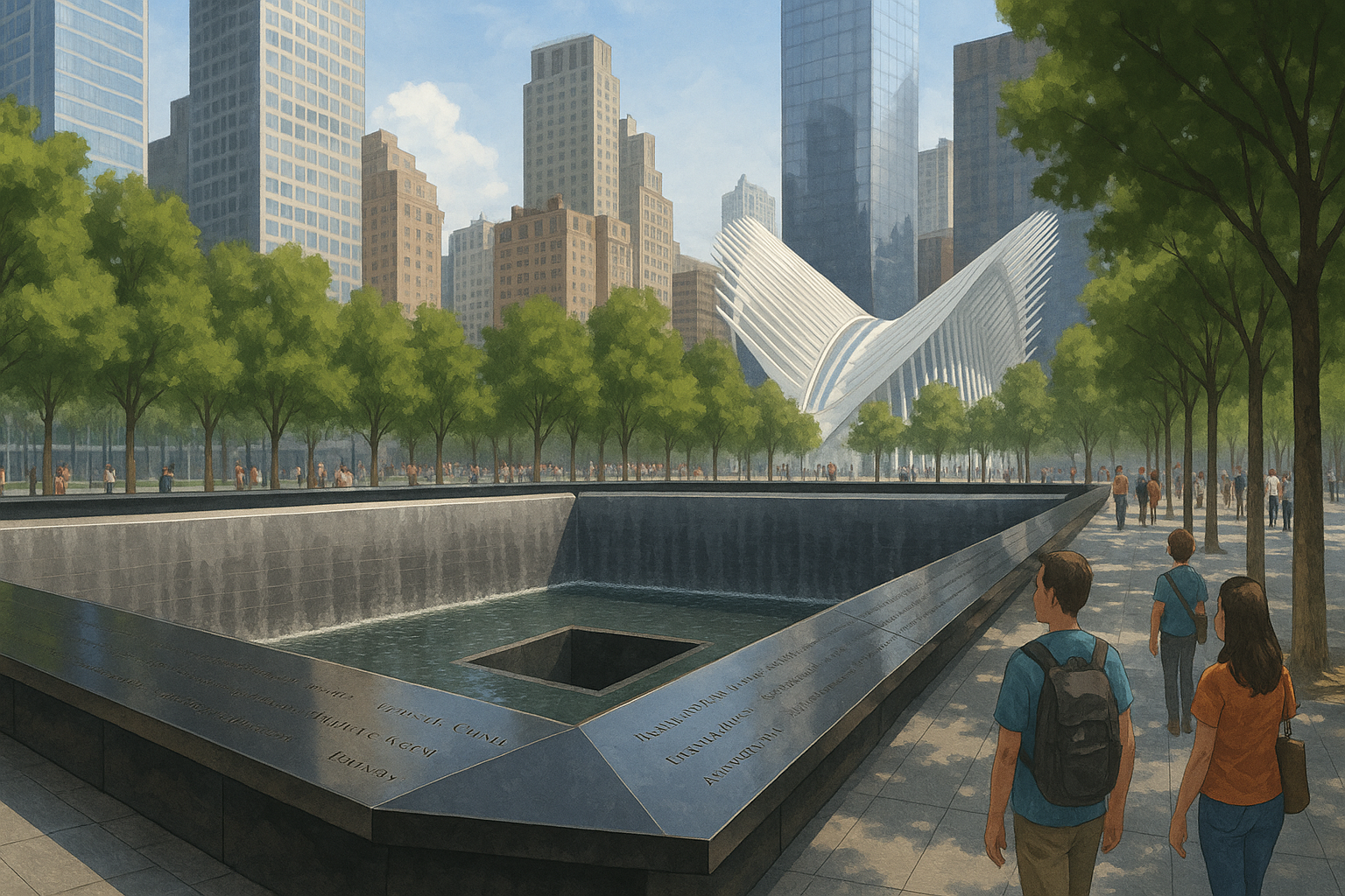 Illustration of the 9/11 Memorial in Lower Manhattan, showing a large reflecting pool bordered by engraved bronze panels, visitors walking along tree-lined paths, and the Oculus transit hub in the background.