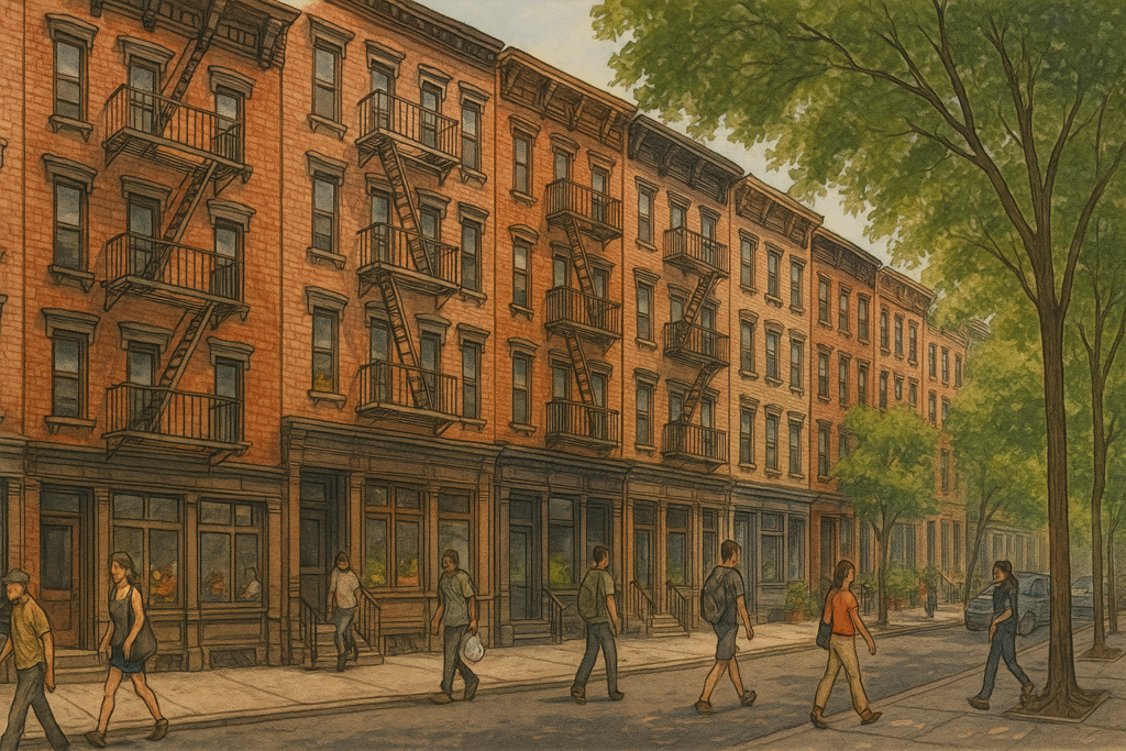 Illustrated view of East 7th Street in the East Village with historic tenement buildings, fire escapes, storefronts, and people walking under leafy trees