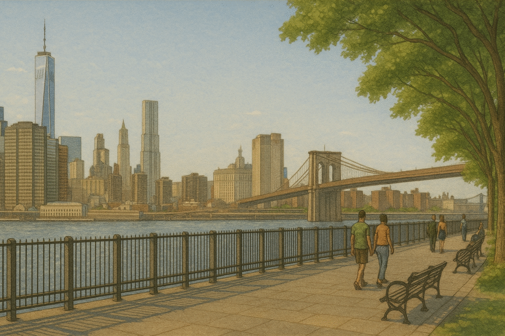 Illustrated view from Brooklyn Heights Promenade with people walking along a tree-lined path, benches facing the East River, the Brooklyn Bridge and Manhattan Bridge in the background, and the Manhattan skyline across the water