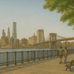 Illustrated view from Brooklyn Heights Promenade with people walking along a tree-lined path, benches facing the East River, the Brooklyn Bridge and Manhattan Bridge in the background, and the Manhattan skyline across the water
