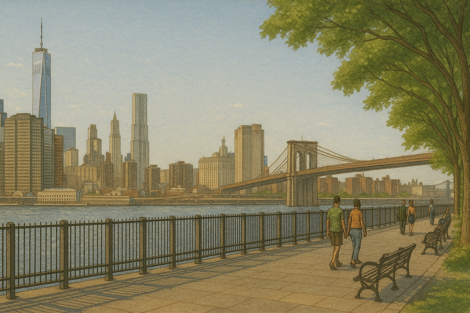 Illustrated view from Brooklyn Heights Promenade with people walking along a tree-lined path, benches facing the East River, the Brooklyn Bridge and Manhattan Bridge in the background, and the Manhattan skyline across the water