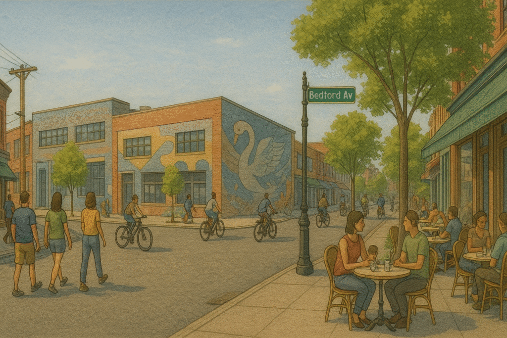 Illustrated view of Bedford Avenue in Williamsburg with people walking, cyclists passing, murals on brick buildings, and outdoor café seating under a clear sky