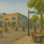 Illustrated view of Bedford Avenue in Williamsburg with people walking, cyclists passing, murals on brick buildings, and outdoor café seating under a clear sky