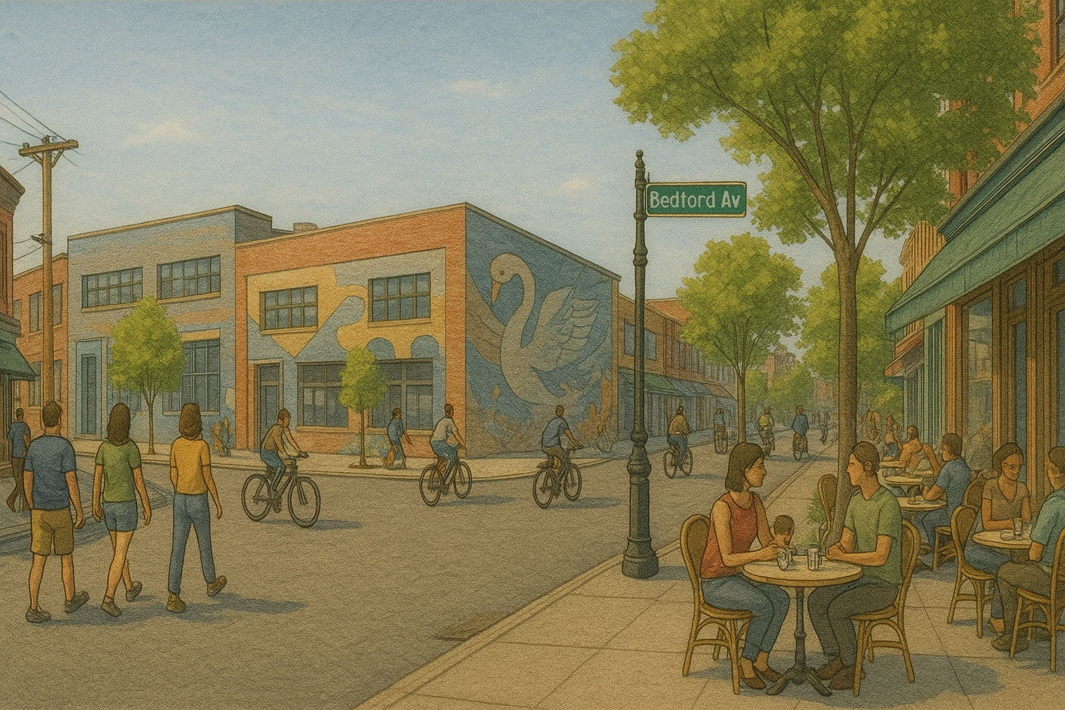 Illustrated view of Bedford Avenue in Williamsburg with people walking, cyclists passing, murals on brick buildings, and outdoor café seating under a clear sky