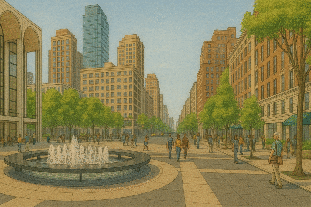 Illustrated view of Lincoln Center plaza on the Upper West Side with its fountain, pedestrians, and surrounding mix of modern and historic buildings under a clear sky