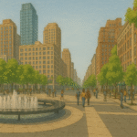 Illustrated view of Lincoln Center plaza on the Upper West Side with its fountain, pedestrians, and surrounding mix of modern and historic buildings under a clear sky