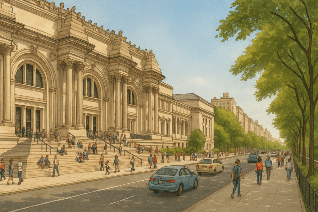 Illustrated view of the Metropolitan Museum of Art on Fifth Avenue with its grand steps, people walking on the sidewalk, and trees lining the street under a clear sky