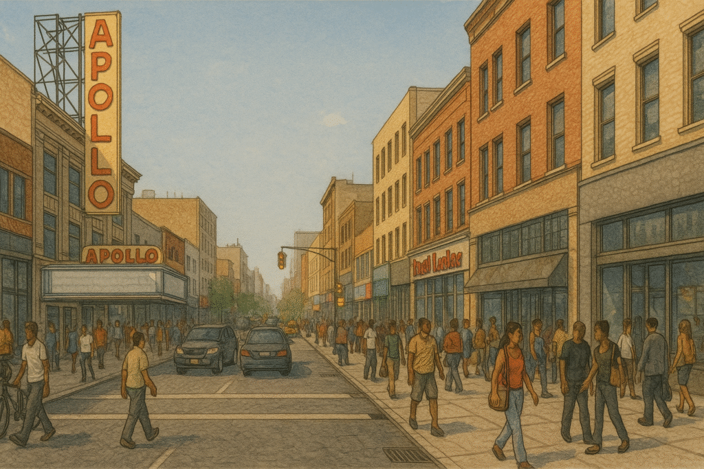 Illustrated view of Harlem’s 125th Street with the Apollo Theater, pedestrians on busy sidewalks, storefronts, and cars driving along the street under a clear sky