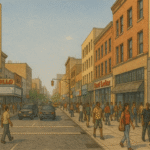 Illustrated view of Harlem’s 125th Street with the Apollo Theater, pedestrians on busy sidewalks, storefronts, and cars driving along the street under a clear sky