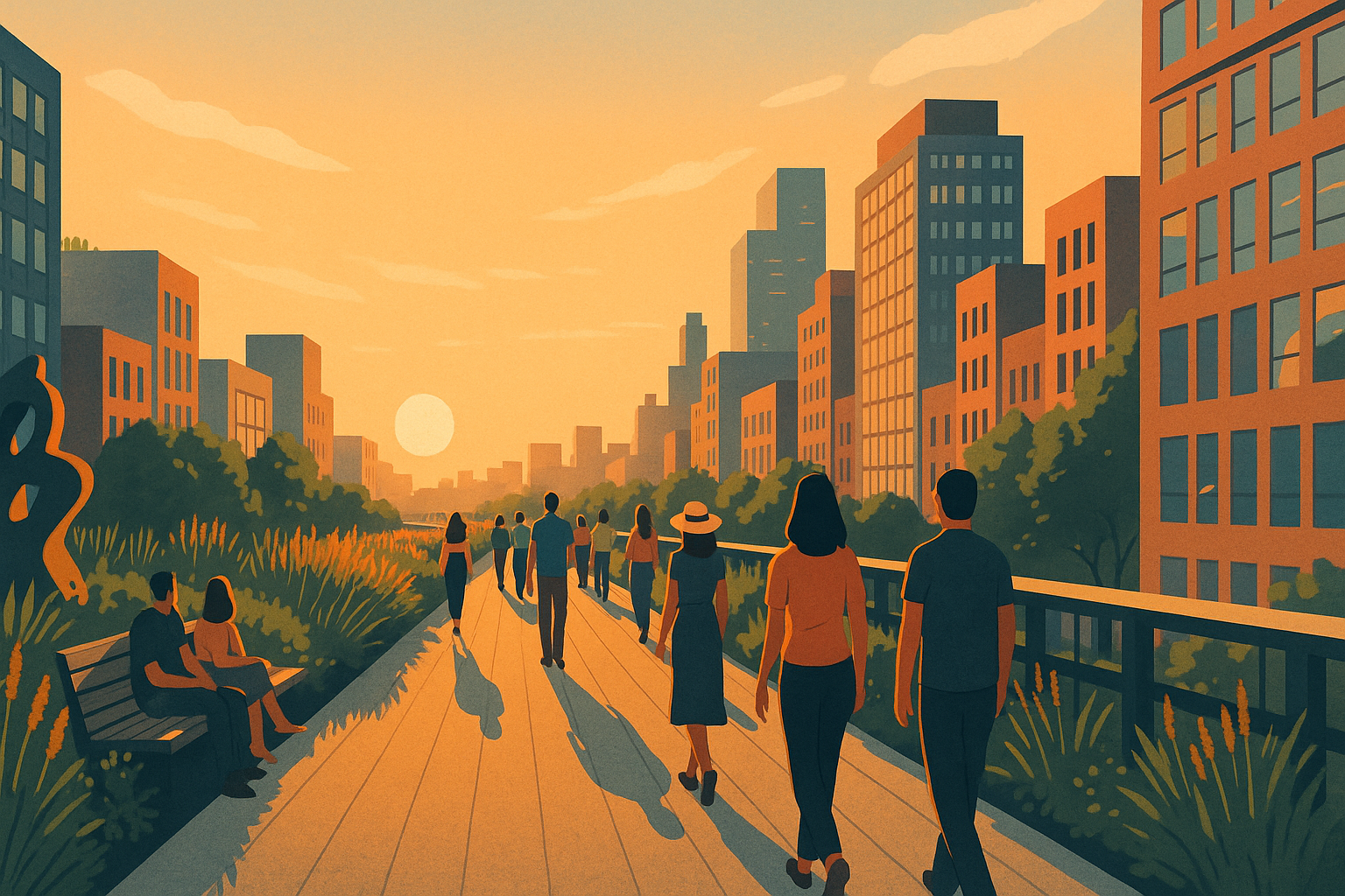Illustration of the High Line in New York City showing people strolling along an elevated path with plants, seating areas, and buildings surrounding the walkway at sunset.